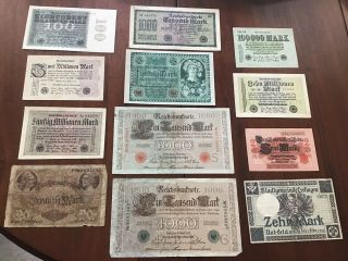 12 Antique German Reichsbanknotes,  Marks Paper Currency - Old Dates 1910 - 1923