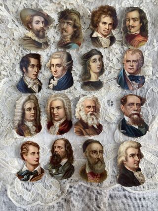 16 Rare Antique Chromo Victorian Famous Writers/ Poets/ Dickens,  Mozart Scraps