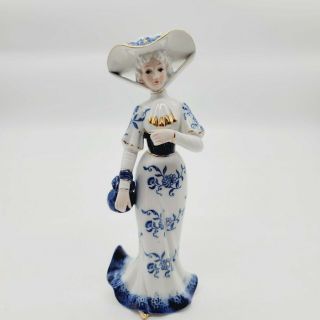 Kpm Vintage 9 " Porcelain Figurine Of Lady In Blue White Gold Dress Sunhat