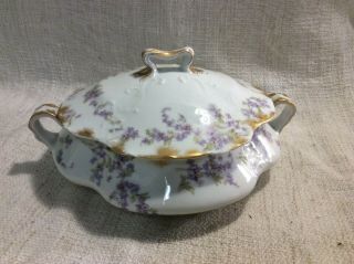 Vintage Limoges,  Haviland & Co,  France Oval Vegetable Bowl W/ Lid Purple Flower,