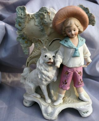 Antique Porcelain Schneider Boy W Best Friend Samoyed American Eskimo Spitz Dog