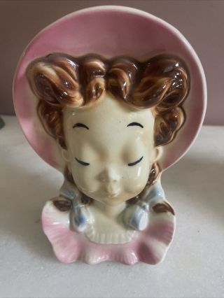 Vintage Royal Copley Lady Head Vase Wall Pocket With Pink Hat And Brown Pigtails