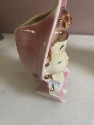Vintage Royal Copley lady head vase wall pocket with pink hat and brown pigtails 2