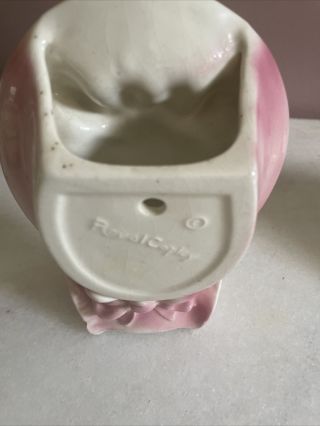 Vintage Royal Copley lady head vase wall pocket with pink hat and brown pigtails 3