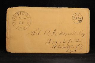 Indiana: Monticello 1853 Stampless Cover,  Letter,  Black Cds & Circled Paid 3