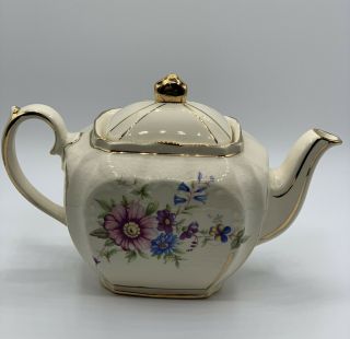 Vintage Sadler Cube Teapot Floral And Gold Gilt Made In Staffordshire England
