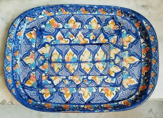 Vintage Oval Platter Or Tray Portugal Hand Painted Blue Design 13 "