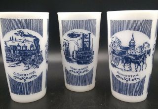 3 Hazel Atlas Blue And White Milk Glass Currier & Ives Tumblers For Royal China