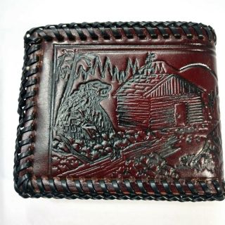 Vintage Hand Tooled Leather Wallet Billfold Bears In Front Of Cabin In Woods