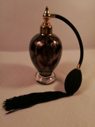 Vtg Art Glass Atomizer Black & Gold Metal Flake Perfume Bottle Foil Label