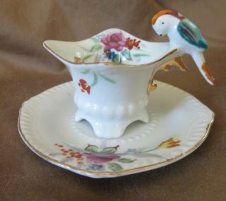 Vintage Miniature Tea Cup & Saucer Hand Painted /japan Parrot Handle Gold Rim