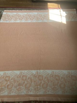 Vtg Satin Trim Wool Blend Blanket Peach With Morning Glories Reversible 80”x70” 2