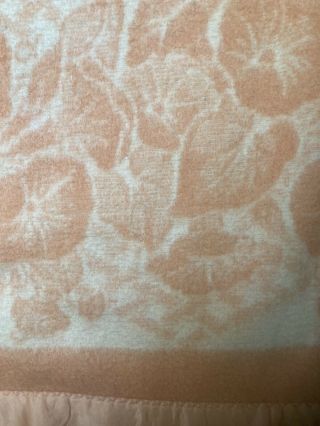 Vtg Satin Trim Wool Blend Blanket Peach With Morning Glories Reversible 80”x70” 3