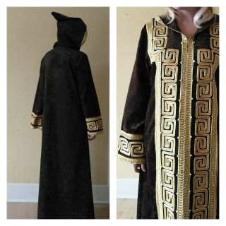 Long Vintage Brown & Gold Embroidery Eastern Art Maxi Ceremonial Caftan Robe