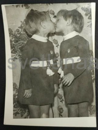 Two Girls Kiss Twins Cute Little Sisters Double Unusual Vintage Photo
