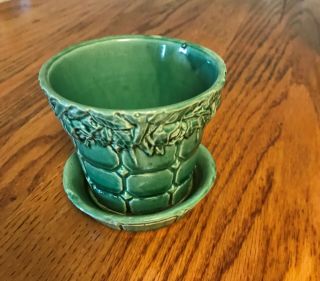 Mccoy Usa Vintage Flower Pot With Attached Saucer Green Quilted With Leaves