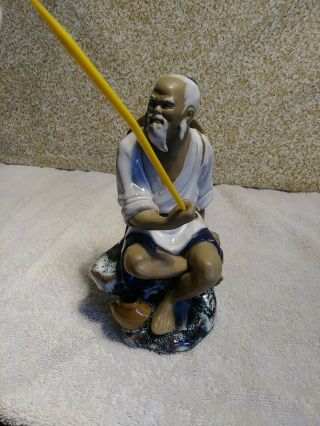 Vintage Ceramic Chinese Mudman Fisherman Figurine Shiwan Art Glazed Pottery 2