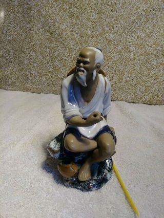 Vintage Ceramic Chinese Mudman Fisherman Figurine Shiwan Art Glazed Pottery 3