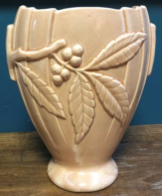 Vintage Art Deco Brush Pottery 662 Pink Salmon Berries And Leaves Ceramic Vase