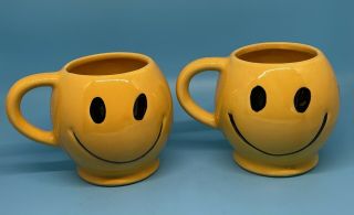 Vintage Mccoy Pottery Sunshine Yellow Smiley Face Coffee Mugs Set Of 2