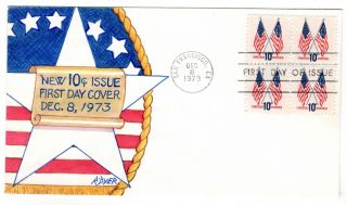 1509 Crossed Flags 1973 Fdc - Ralph Dyer Hand - Painted - San Francisco Ca