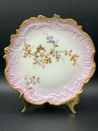 Antique M Redon Limoges Porcelain Plate Gold Trim Hand Painted Flowers Pink 9 "