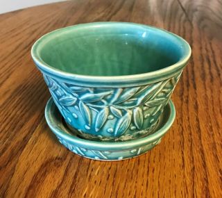Mccoy Usa Vintage Flower Pot With Attached Saucer Aqua Leaves And Hobnail