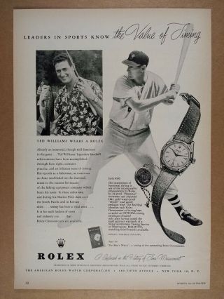 1955 Rolex Oyster Perpetual Watch Ted Williams Photo Vintage Print Ad