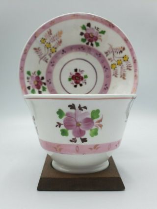 Staffordshire Pink Luster Tea Cup & Saucer Handleless Hand Painted Floral 1800s