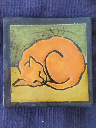 Hand Made Tile Orange Sleeping Cat 4 " X4 " Whistling Frog Tile Co.