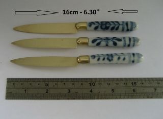 Set Of 3 Meissen Blue Onion Pattern Porcelain Handled Fruit Knives