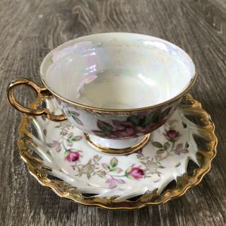 Vintage Royal Halsey Very Fine China Floral And Gold Tracup And Saucer Set,  Euc