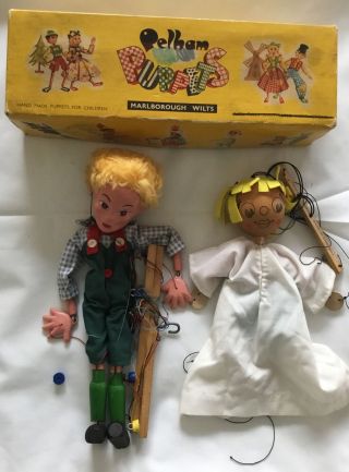 Lof Of 2 Vtg Pelham Puppets Marionettes Hand Made Boy 12” Girl Wood 9.  5” England