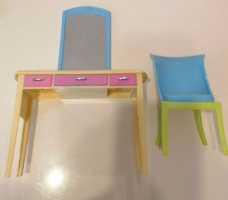 Retro Mattel Barbie Dressing Table With Mirror And Chair Doll House Furniture
