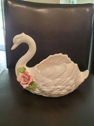 Vintage Authentic Capodimonte Swan Vase Ivory With Single Pink Rose
