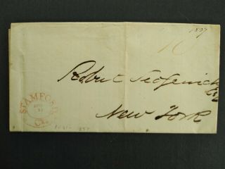 Connecticut: Stamford 1837 Stampless Cover,  Double Ring Red Oval To Nyc