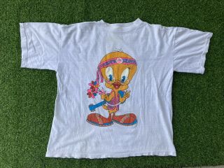 Vintage 90s Tweety Bird Peace Hippie Looney Tunes White T - Shirt Usa Made