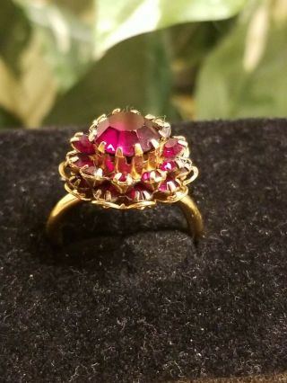 Vintage Sarah Coventry Adjustable Ring - Goldtone With Deep Burgundy Red Stones