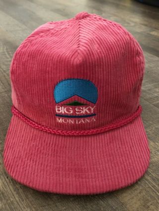 Vtg 80s Rare Big Sky Montana Pink Corduroy Snapback Hat Ski