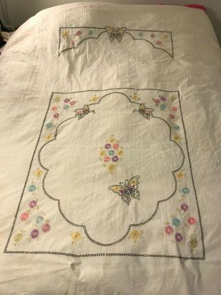 Vintage Hand Embroidered Bed Cover Butterflies & Flowers 74 " By 92 "