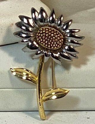 Liz Claiborne Signed Silver & Gold Tone Sunflower Pin Vintage