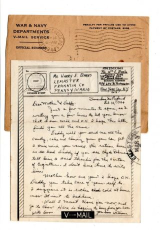 Wwii 1944 452nd Bomb Group,  8th Aaf Vmail Apo Letter England Censored