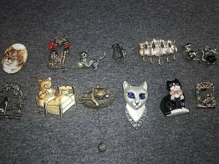 13 Piece Vintage And Modern Designer Cat Brooches Pins 2 Vintage Signed Jj Pins