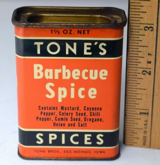 Vintage Tone’s Barbecue Spice Tin,  Litho Can From Des Moines,  Ia