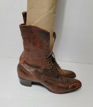 Vtg Lace Up Boots Victorian Steampunk Granny Brown Leather Antique Distressed