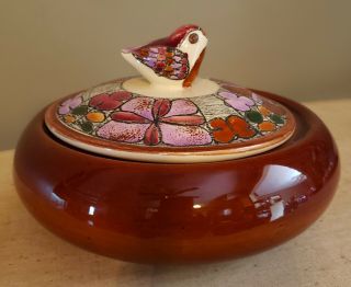 Eduardo Vega Pottery Ecuador Handpainted Dish Bowl Bird On Lid