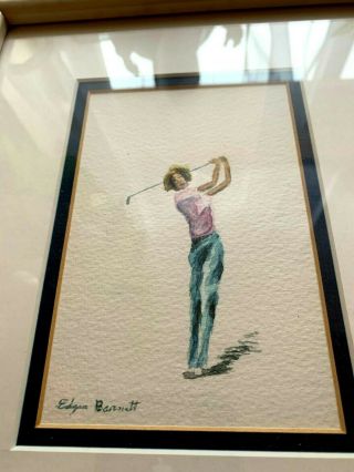 Edgar Barnett Framed,  Signed And Matted Watercolor Of Woman Golfer On Paper