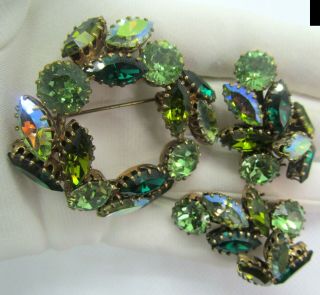 Vintage Austria Brooch And Clips Set With Sparkling Ab Dark And Light Green Ston