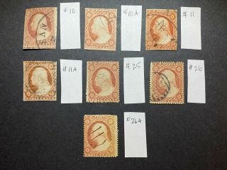 Us Stamp Scott 10,  10a,  11,  11a,  25,  26,  & 26a 3c Washingtons Cat.  $625