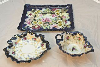 Hand Painted Serving Vanity Tray With Leaf Bowl And Dish.  Blue,  Floral And Gold.